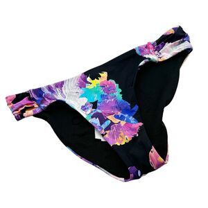 NWD Bar III Black Shirred Side Purple Floral Bikini Swimsuit Bottom Size Small